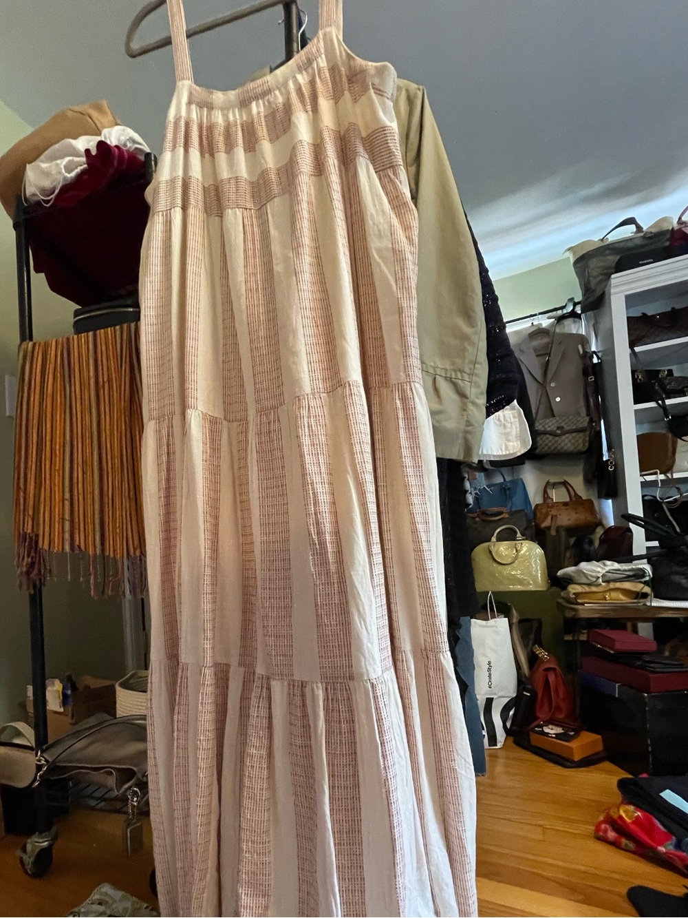 Laude the Label Tiered Cotton Dress Cream Rust Stripe Midi L - Picture 4 of 8